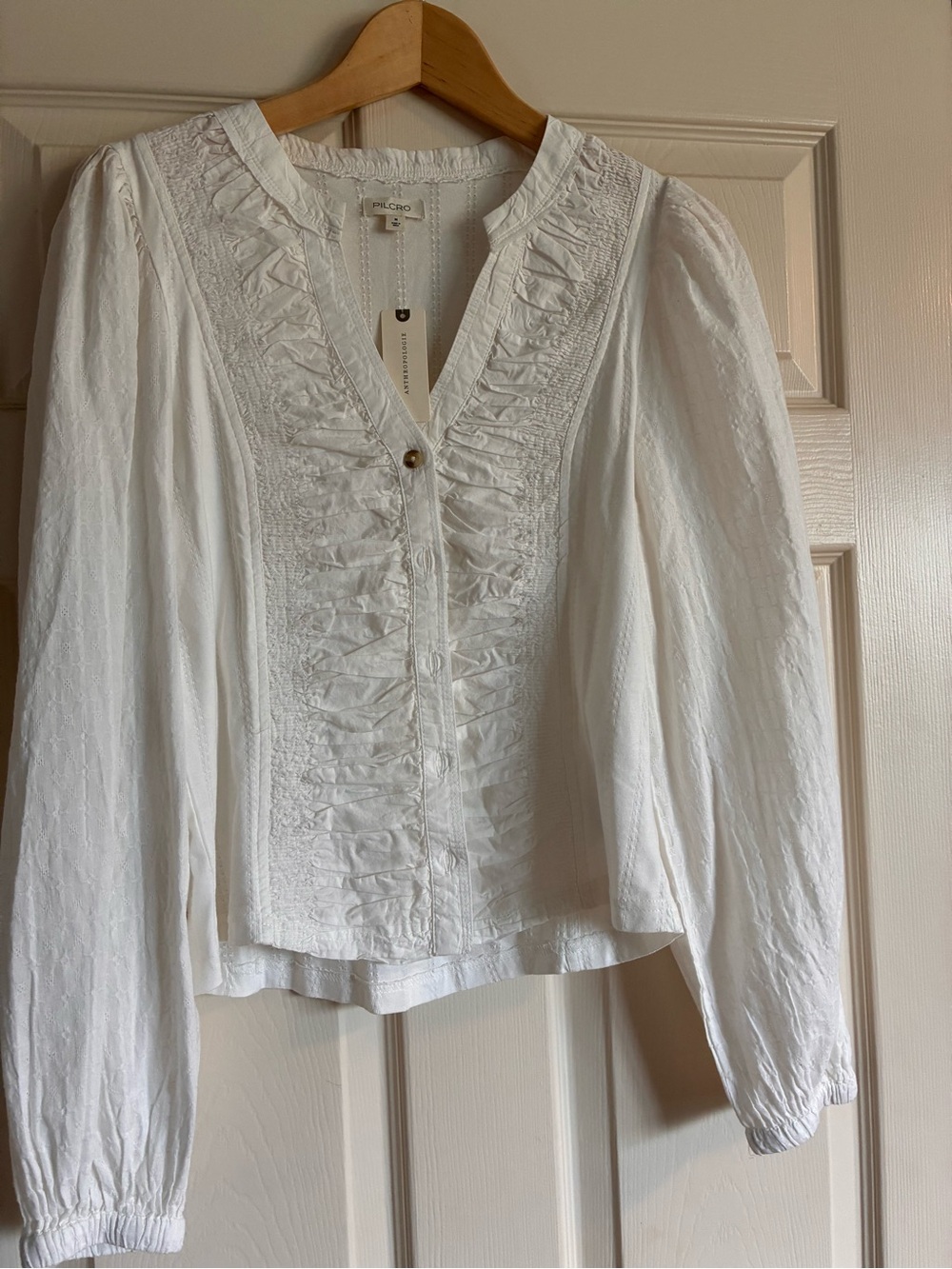 Anthropologie White Ruffled V-Neck Blouse